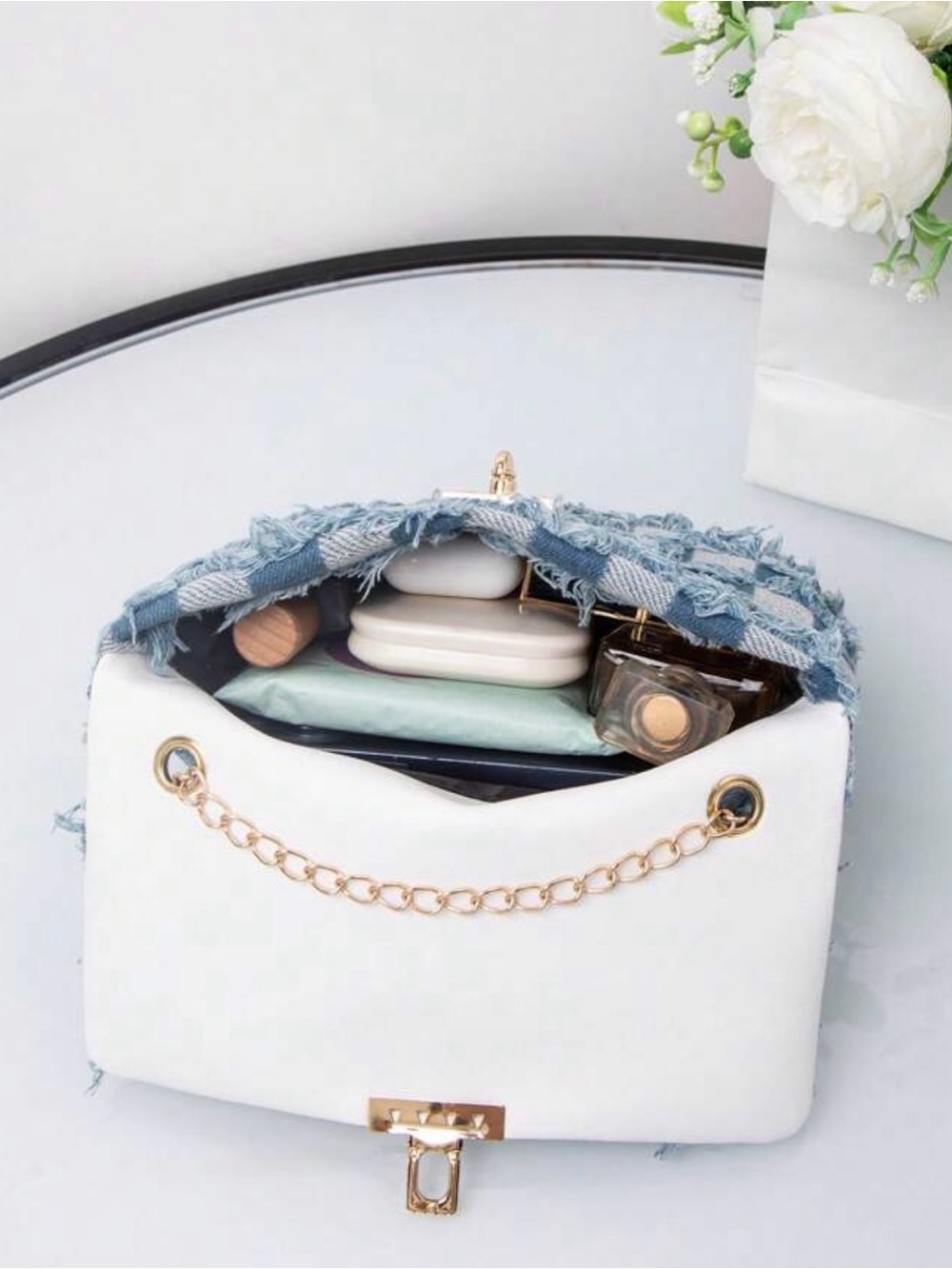 Frayed Light Blue Woven Denim Crossbody Bag with Gold Chain - Picture 5 of 6